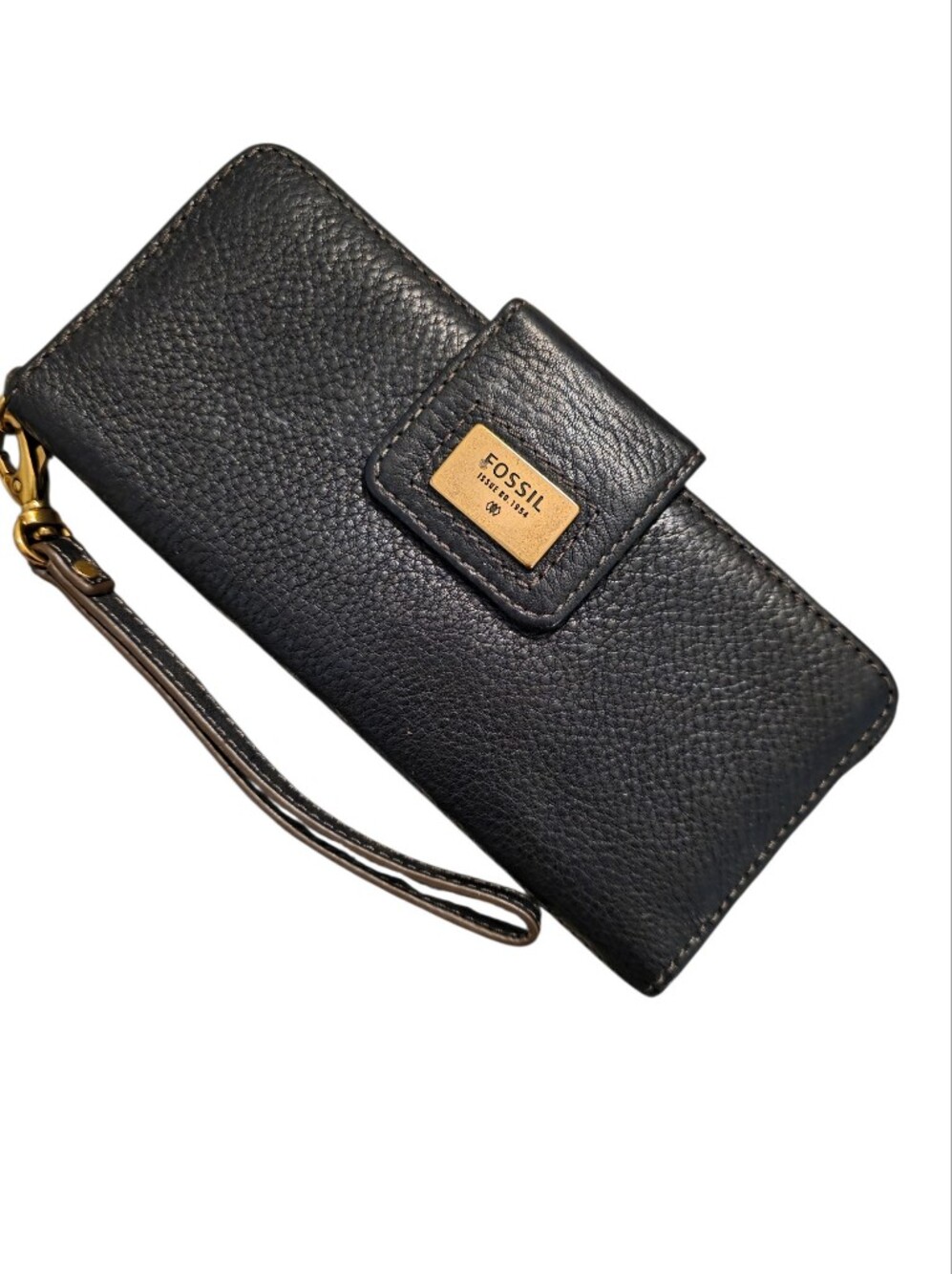 Fossil Black Pebbled Leather Wristlet with Gold Hardware